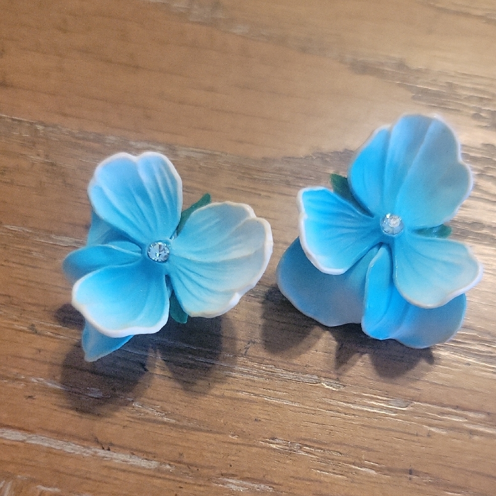 West Germany 60’s Baby Blue Enamel Clip Back Earrings With a Rhinestone Center